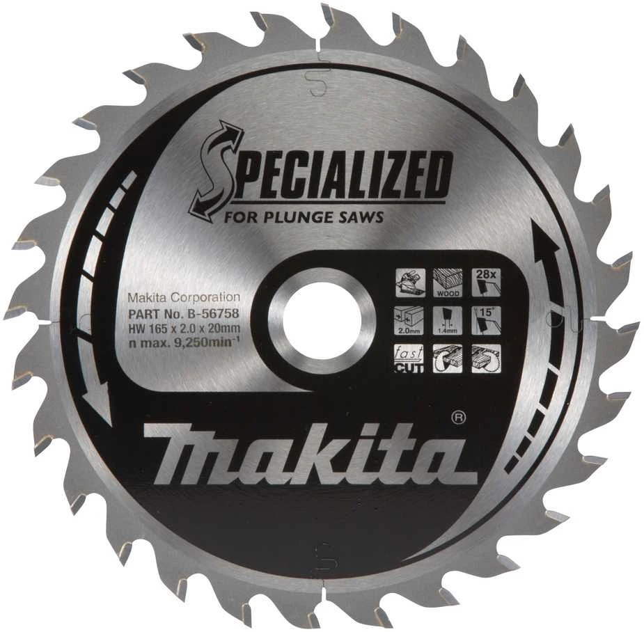 Makita T.C.T. pjūklas SPECIALIZED 165X2X20mm 15° T28 B-56758 T.C.T • 165 x20 mm • T28 • 15° • Medienai