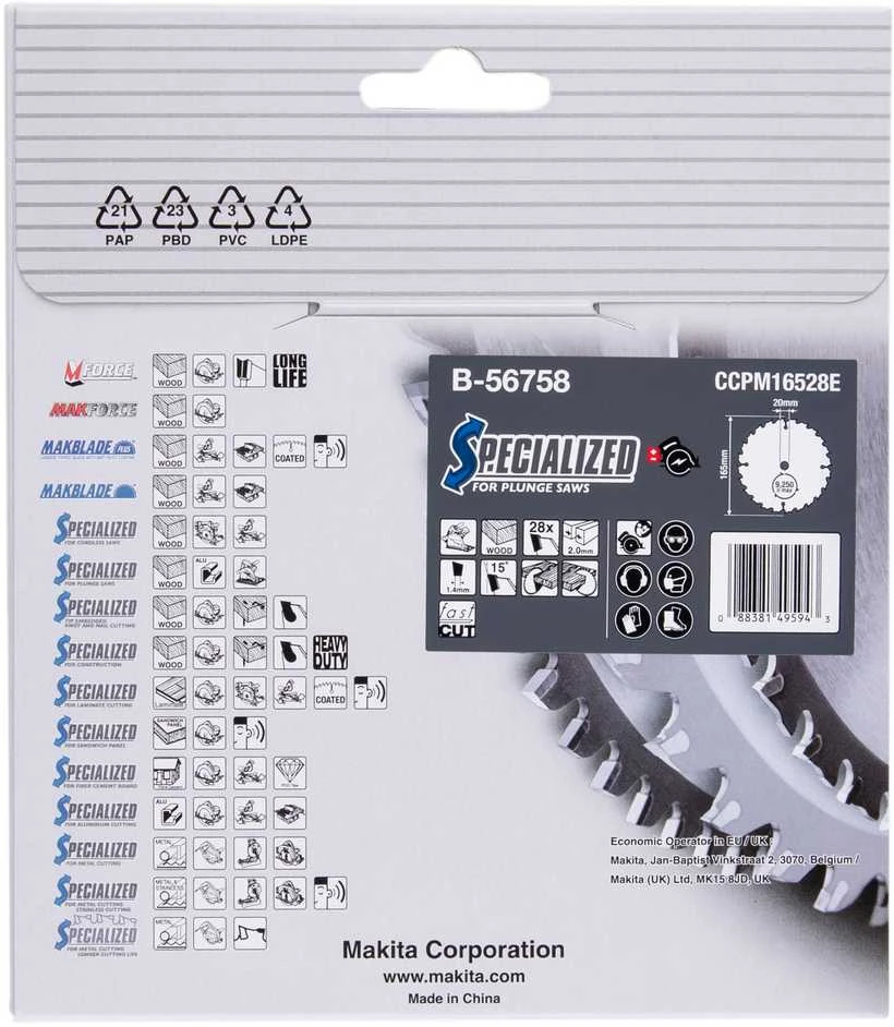 Makita T.C.T. pjūklas SPECIALIZED 165X2X20mm 15° T28 B-56758 T.C.T • 165 x20 mm • T28 • 15° • Medienai