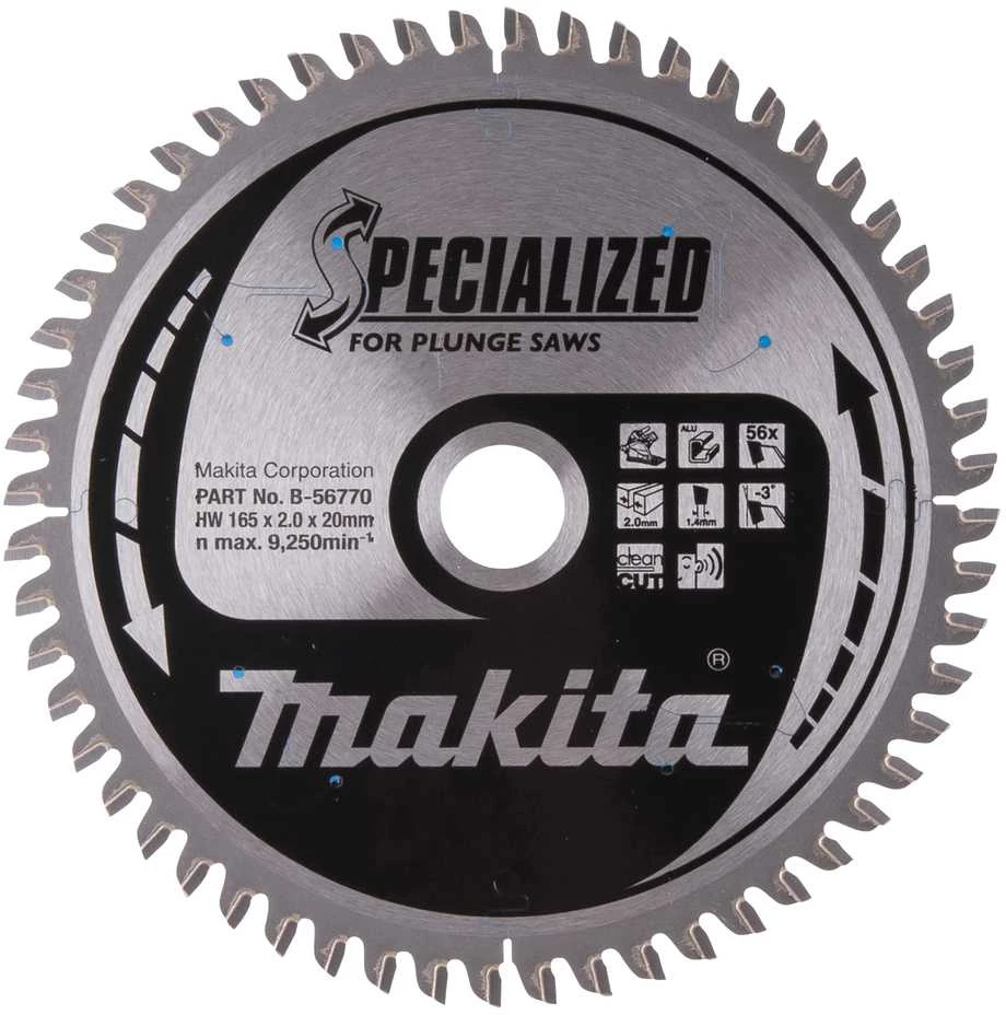 Makita T.C.T. pjūklas SPECIALIZED 165X2X20mm -3° T56 B-56770 T.C.T • 165 x20 mm • T56 • -3° • Aliuminiui