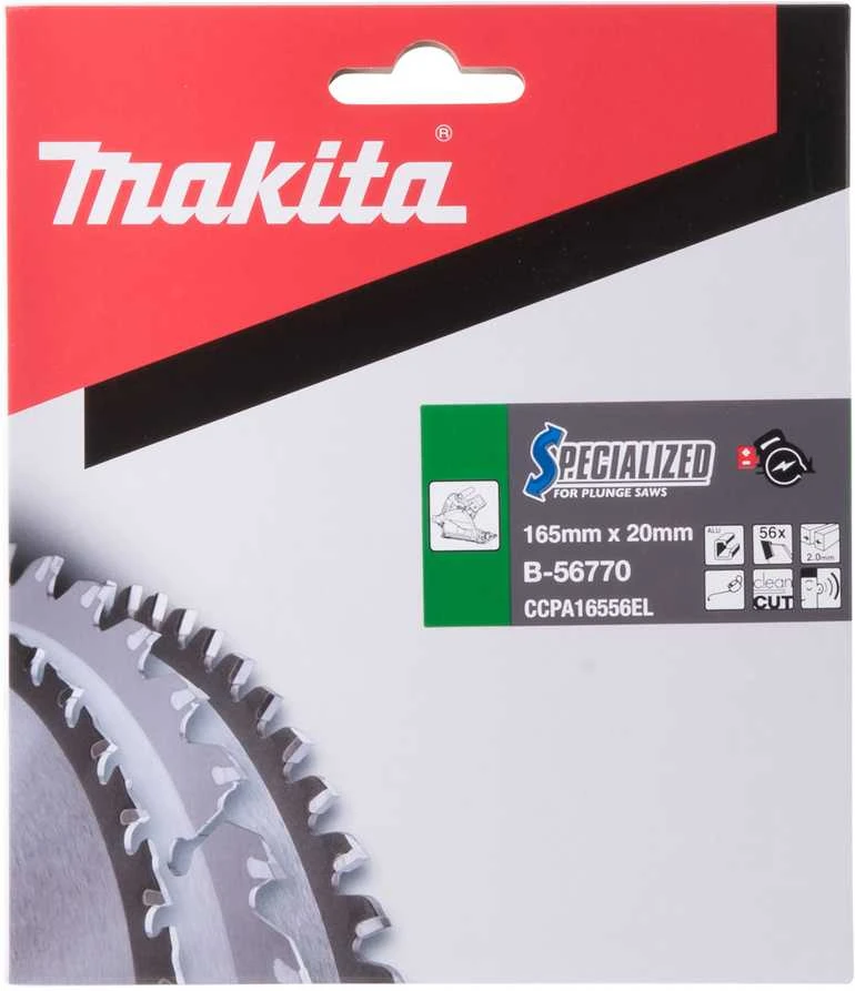 Makita T.C.T. pjūklas SPECIALIZED 165X2X20mm -3° T56 B-56770 T.C.T • 165 x20 mm • T56 • -3° • Aliuminiui