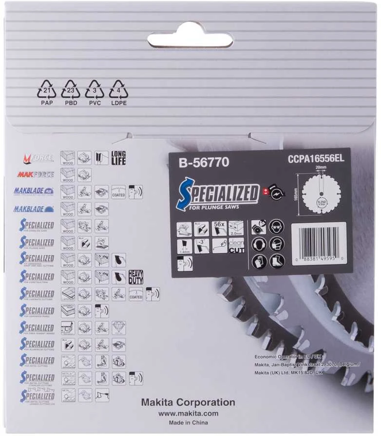 Makita T.C.T. pjūklas SPECIALIZED 165X2X20mm -3° T56 B-56770 T.C.T • 165 x20 mm • T56 • -3° • Aliuminiui