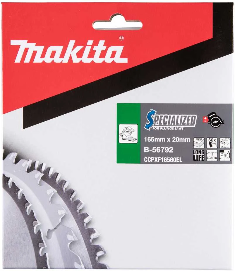 Makita T.C.T. pjūklas SPECIALIZED 165X2X20mm 5° T60 B-56792 T.C.T • 165 x20 mm • T60 • 5° • MDF/laminatui
