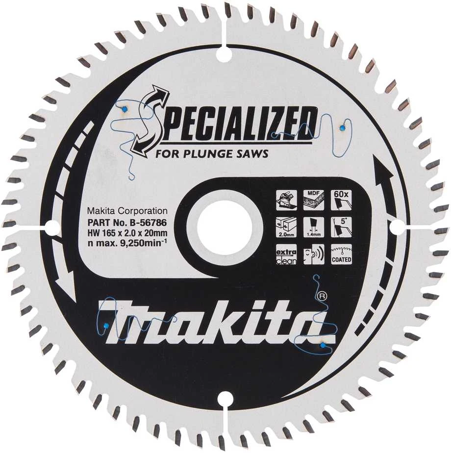 Makita T.C.T. pjūklas SPECIALIZED 165X2X20mm 5° T60 B-56786 T.C.T • 165 x20 mm • T60 • 5° • MDF/laminatui