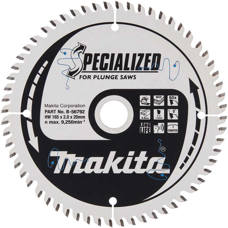 Makita T.C.T. pjūklas SPECIALIZED 165X2X20mm 5° T60 B-56792 T.C.T • 165 x20 mm • T60 • 5° • MDF/laminatui