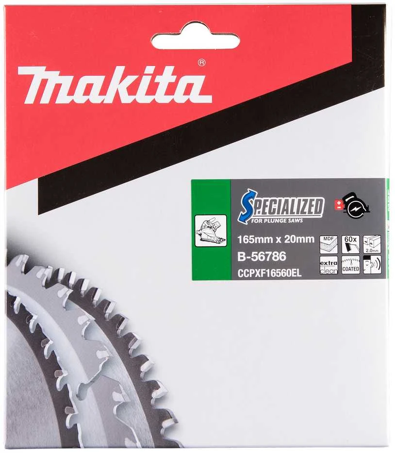 Makita T.C.T. pjūklas SPECIALIZED 165X2X20mm 5° T60 B-56786 T.C.T • 165 x20 mm • T60 • 5° • MDF/laminatui