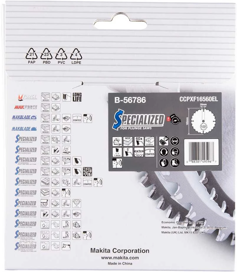 Makita T.C.T. pjūklas SPECIALIZED 165X2X20mm 5° T60 B-56786 T.C.T • 165 x20 mm • T60 • 5° • MDF/laminatui