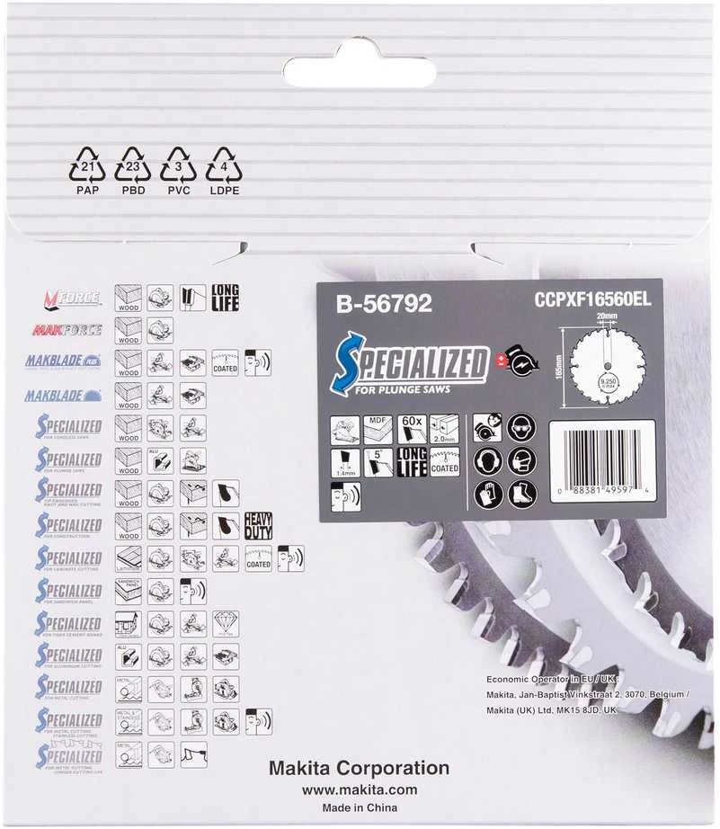 Makita T.C.T. pjūklas SPECIALIZED 165X2X20mm 5° T60 B-56792 T.C.T • 165 x20 mm • T60 • 5° • MDF/laminatui