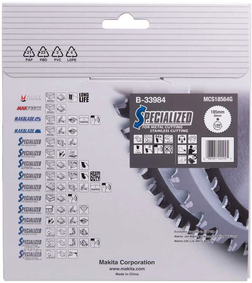 Makita T.C.T. pjūklas SPECIALIZED 185X1.6X30mm 0° T64 B-33984 T.C.T • 185 x30 mm • T64 • 0° • Metalui/Nerūd. plienui