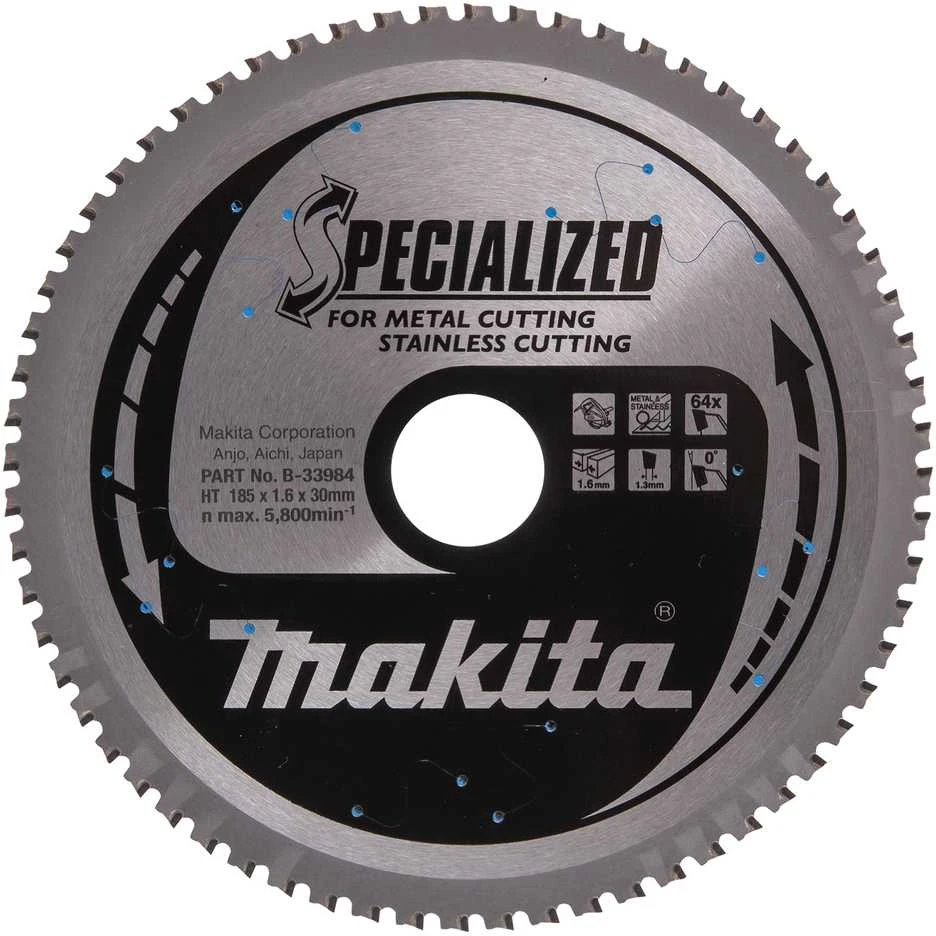 Makita T.C.T. pjūklas SPECIALIZED 185X1.6X30mm 0° T64 B-33984 T.C.T • 185 x30 mm • T64 • 0° • Metalui/Nerūd. plienui