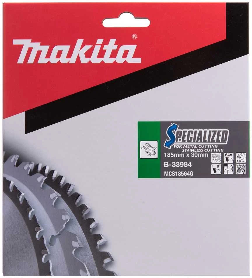 Makita T.C.T. pjūklas SPECIALIZED 185X1.6X30mm 0° T64 B-33984 T.C.T • 185 x30 mm • T64 • 0° • Metalui/Nerūd. plienui