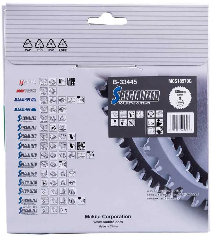 Makita T.C.T. pjūklas SPECIALIZED 185X1.7X30mm -10° T70 B-33445 T.C.T • 185 x30 mm • T70 • -10° • Metalui