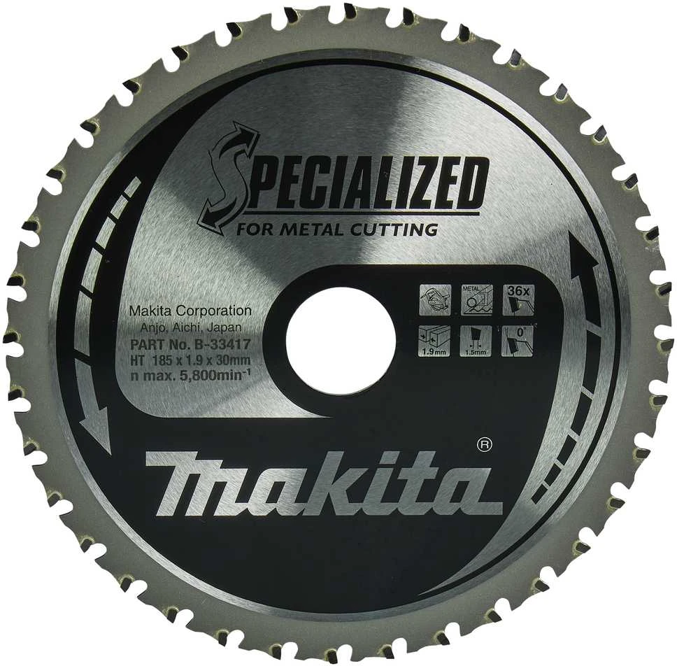 Makita T.C.T. pjūklas SPECIALIZED 185X1.9X30mm 0° T36 B-33417 T.C.T • 185 x30 mm • T36 • 0° • Metalui