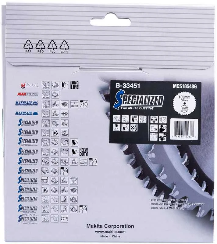 Makita T.C.T. pjūklas SPECIALIZED 185X2X30mm 0° T48 B-33451 T.C.T • 185 x30 mm • T48 • 0° • Metalui