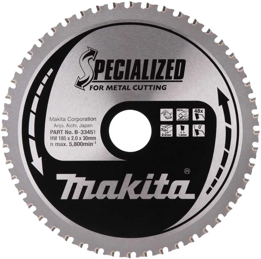Makita T.C.T. pjūklas SPECIALIZED 185X2X30mm 0° T48 B-33451 T.C.T • 185 x30 mm • T48 • 0° • Metalui