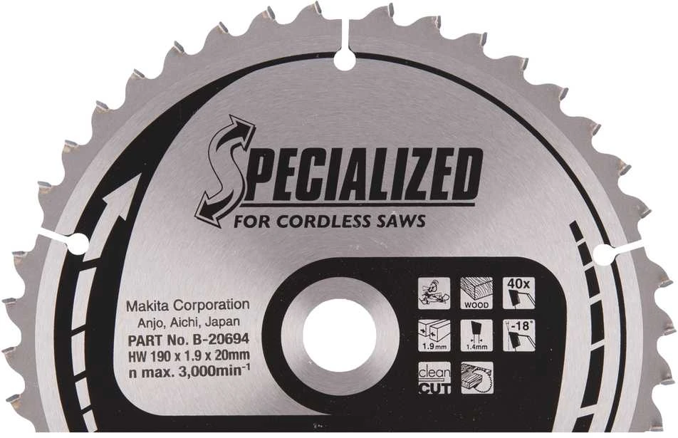 Makita T.C.T. pjūklas SPECIALIZED 190X1.9X20mm -18° T40 B-20694 T.C.T • 190 x20 mm • T40 • -18° • Medienai