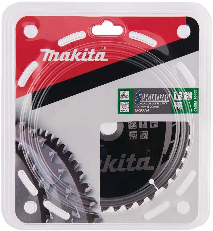 Makita T.C.T. pjūklas SPECIALIZED 190X1.9X20mm -18° T40 B-20694 T.C.T • 190 x20 mm • T40 • -18° • Medienai