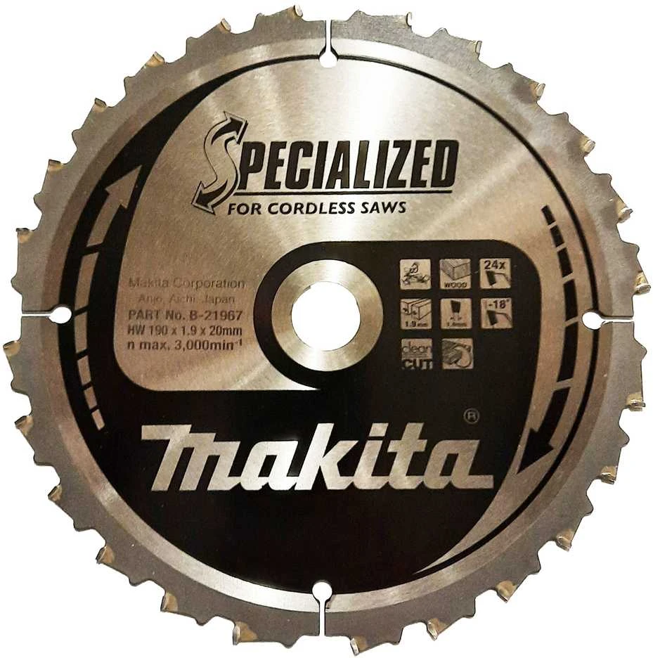 Makita T.C.T. pjūklas SPECIALIZED 190X1.9X20mm -18° T24 B-21967 T.C.T • 190 x20 mm • T24 • -18° • Medienai