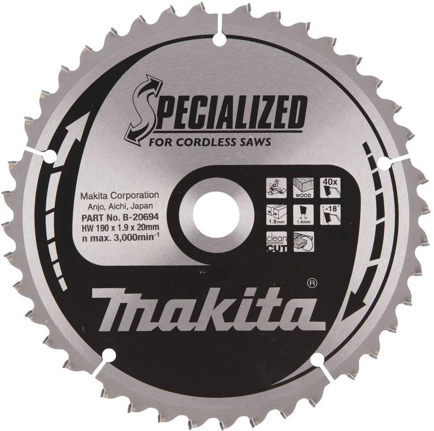 Makita T.C.T. pjūklas SPECIALIZED 190X1.9X20mm -18° T40 B-20694 T.C.T • 190 x20 mm • T40 • -18° • Medienai