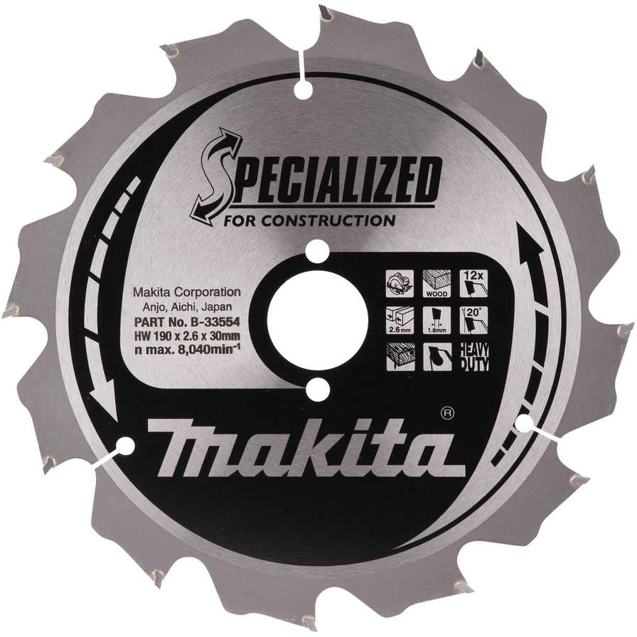 Makita T.C.T. pjūklas SPECIALIZED 190X2.6X30mm 20° T12 B-33554 T.C.T • 190 x30 mm • T12 • 20° • Medienai/Medienai su vinimis