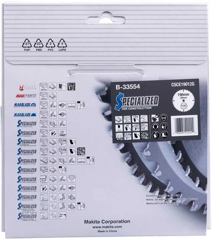 Makita T.C.T. pjūklas SPECIALIZED 190X2.6X30mm 20° T12 B-33554 T.C.T • 190 x30 mm • T12 • 20° • Medienai/Medienai su vinimis