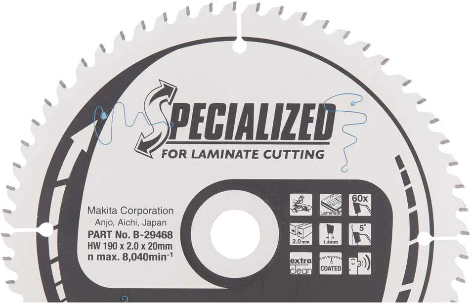 Makita T.C.T. pjūklas SPECIALIZED 190X2X20mm 5° T60 B-29468 T.C.T • 190 x20 mm • T60 • 5° • MDF/laminatui