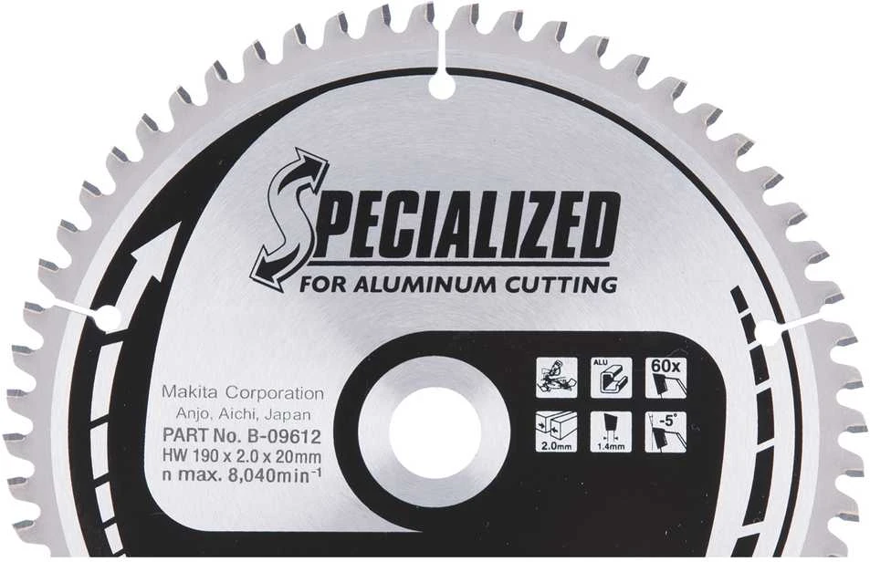 Makita T.C.T. pjūklas SPECIALIZED 190X2X20mm -5° T60 B-09612 T.C.T • 190 x20 mm • T60 • -5° • Aliuminiui