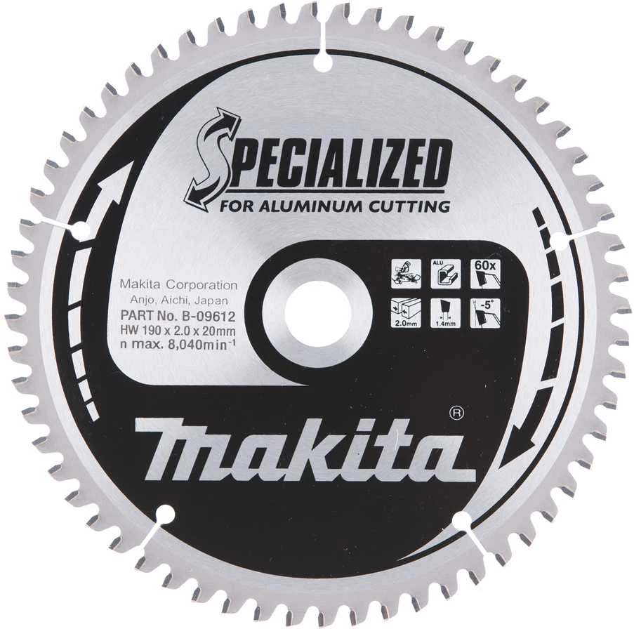 Makita T.C.T. pjūklas SPECIALIZED 190X2X20mm -5° T60 B-09612 T.C.T • 190 x20 mm • T60 • -5° • Aliuminiui