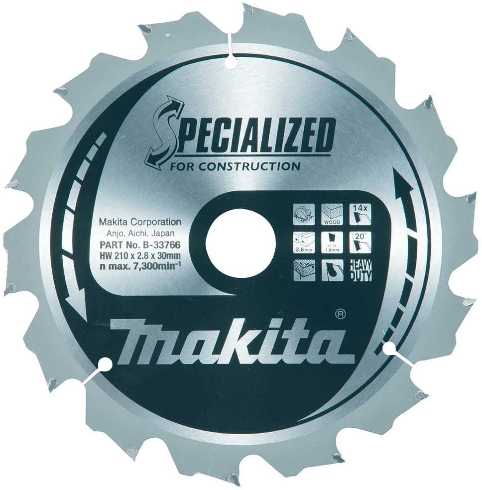 Makita T.C.T. pjūklas SPECIALIZED 210X2.8X30mm 20° T14 B-33766 T.C.T • 210 x30 mm • T14 • 20° • Medienai/Medienai su vinimis