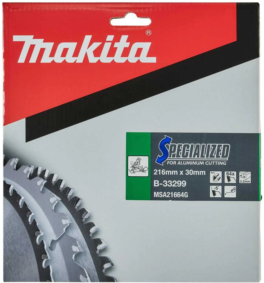 Makita T.C.T. pjūklas SPECIALIZED 216X2.2X30mm -5° T64 B-33299 T.C.T • 216 x30 mm • T64 • -5° • Aliuminiui