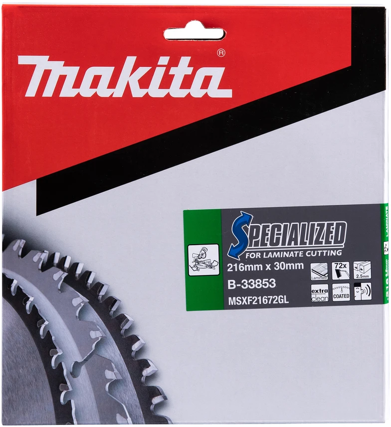 Makita T.C.T. pjūklas SPECIALIZED 216X2.5X30mm 5° T72 T.C.T. pjūklas SPECIALIZED 216X2.5X30mm 5° T72 T.C.T. pjūklas SPECIALIZED 216X2.5X30mm 5° T72 B-33853 T.C.T • 216 x30 mm • T72 • 5° • Laminatui