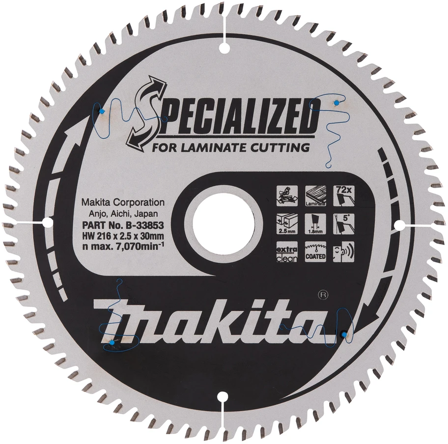 Makita T.C.T. pjūklas SPECIALIZED 216X2.5X30mm 5° T72 T.C.T. pjūklas SPECIALIZED 216X2.5X30mm 5° T72 T.C.T. pjūklas SPECIALIZED 216X2.5X30mm 5° T72 B-33853 T.C.T • 216 x30 mm • T72 • 5° • Laminatui