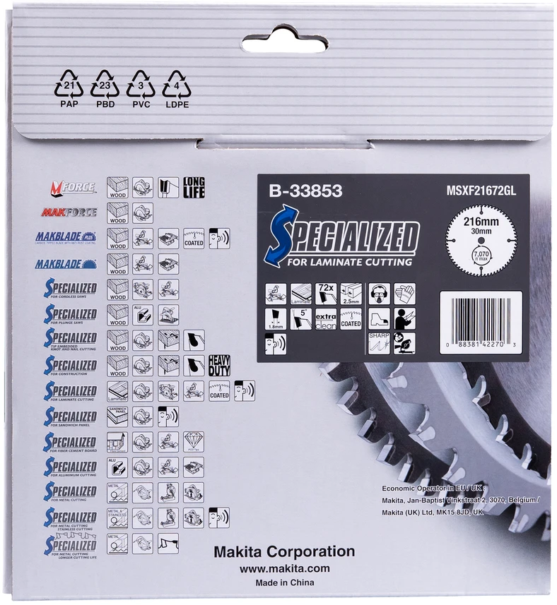 Makita T.C.T. pjūklas SPECIALIZED 216X2.5X30mm 5° T72 T.C.T. pjūklas SPECIALIZED 216X2.5X30mm 5° T72 T.C.T. pjūklas SPECIALIZED 216X2.5X30mm 5° T72 B-33853 T.C.T • 216 x30 mm • T72 • 5° • Laminatui