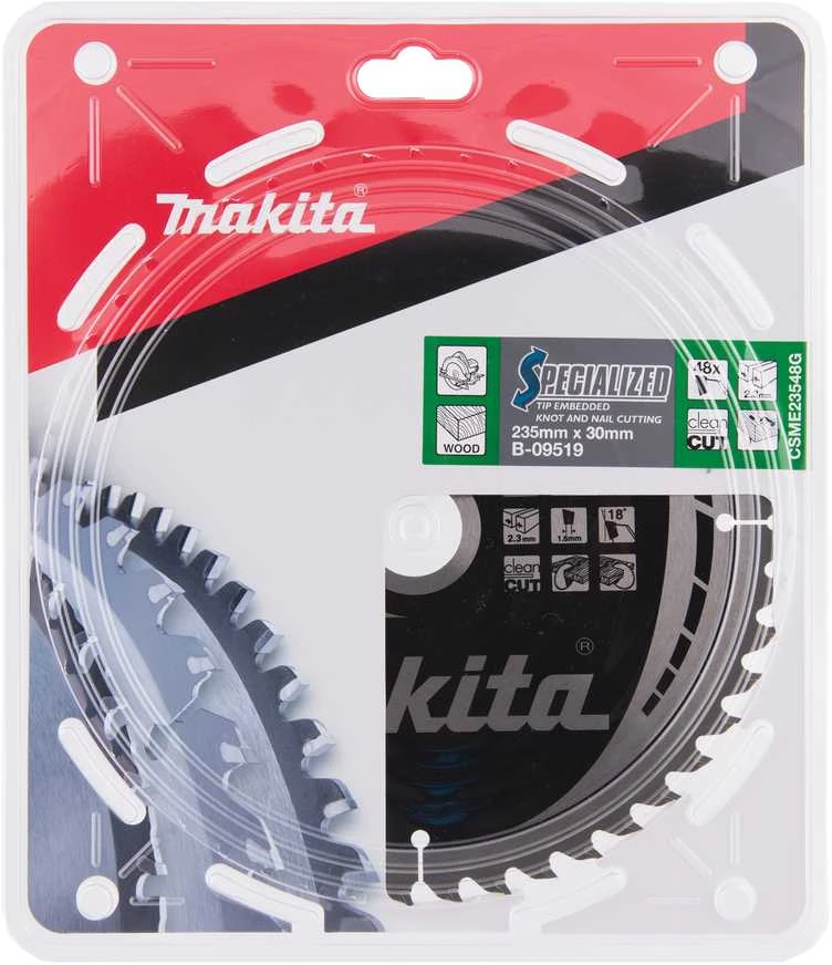 Makita T.C.T. pjūklas SPECIALIZED 235X2.3X30mm 18° T48 B-09519 T.C.T • 235 x30 mm • T48 • 18° • Medienai/Medienai su vinimis