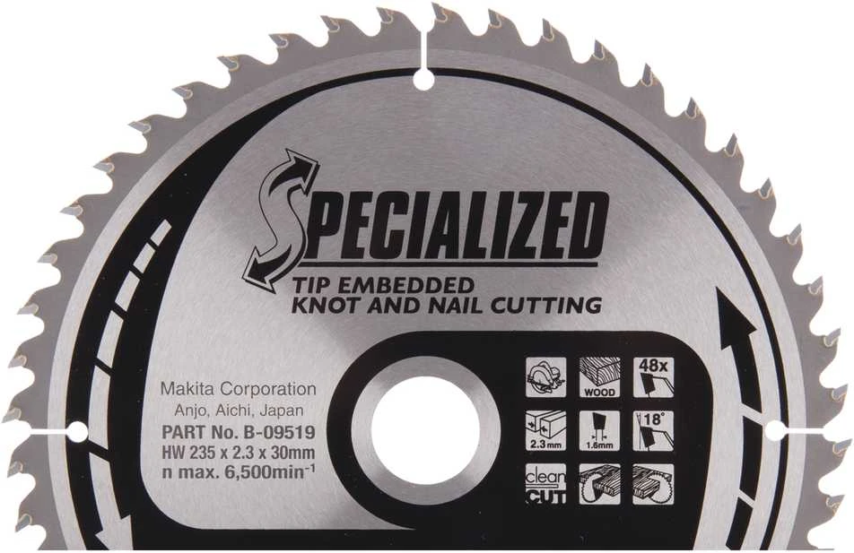 Makita T.C.T. pjūklas SPECIALIZED 235X2.3X30mm 18° T48 B-09519 T.C.T • 235 x30 mm • T48 • 18° • Medienai/Medienai su vinimis