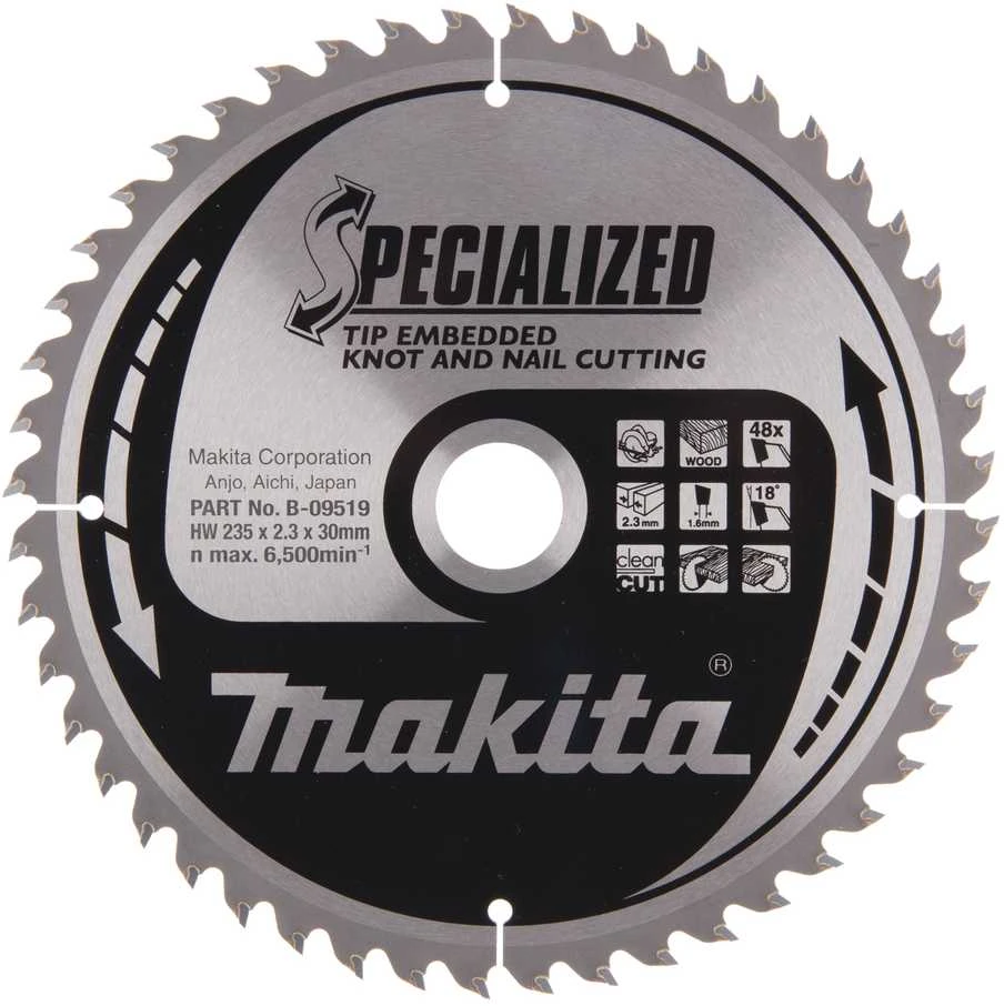 Makita T.C.T. pjūklas SPECIALIZED 235X2.3X30mm 18° T48 B-09519 T.C.T • 235 x30 mm • T48 • 18° • Medienai/Medienai su vinimis