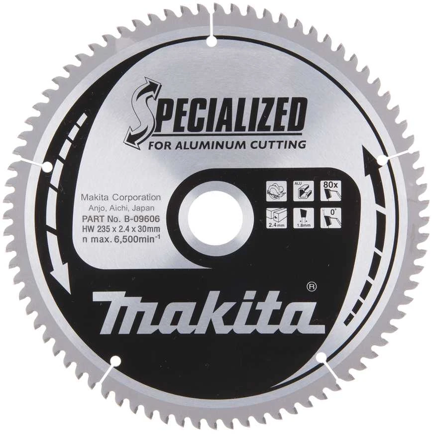 Makita T.C.T. pjūklas SPECIALIZED 235X2.4X30mm 0° T80 B-09606 T.C.T • 235 x30 mm • T80 • 0° • Aliuminiui