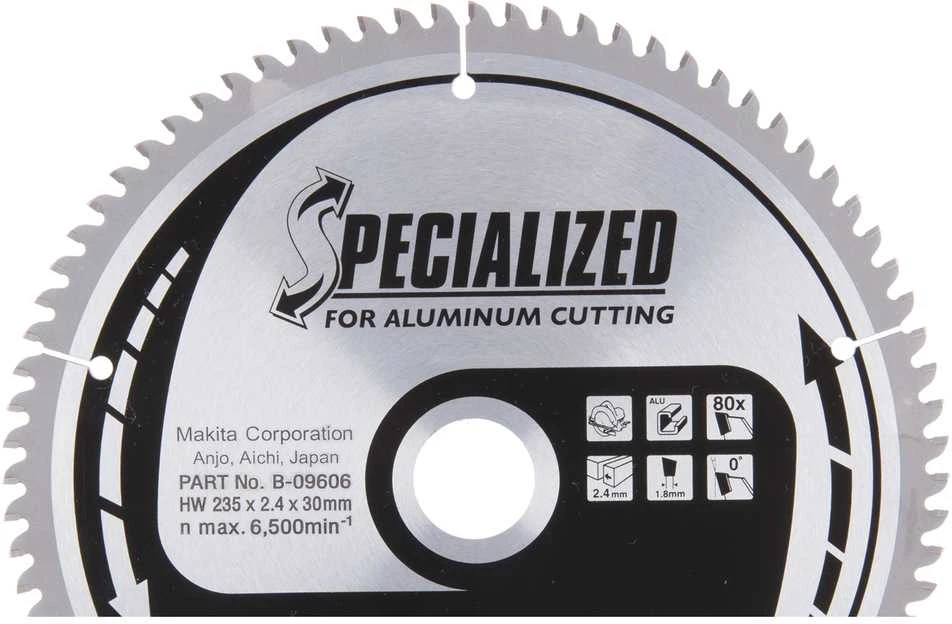 Makita T.C.T. pjūklas SPECIALIZED 235X2.4X30mm 0° T80 B-09606 T.C.T • 235 x30 mm • T80 • 0° • Aliuminiui