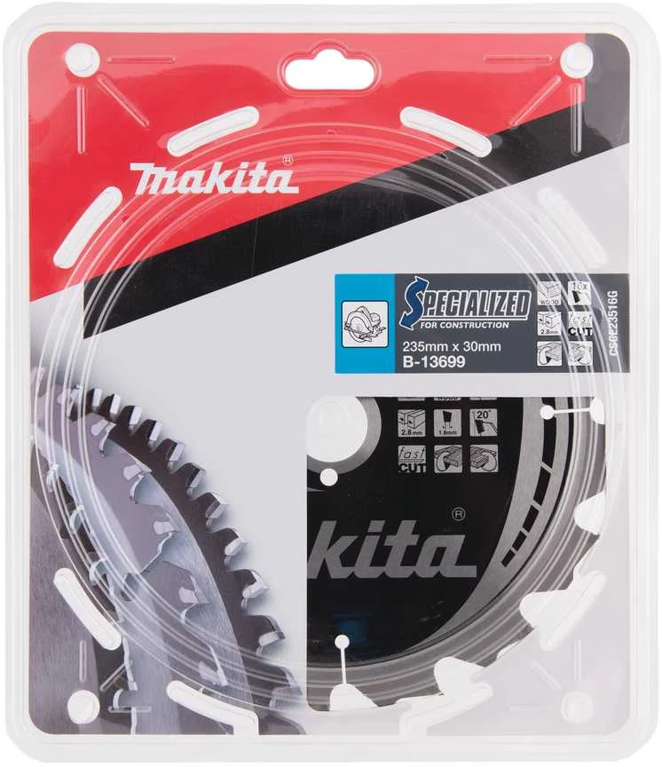 Makita T.C.T. pjūklas SPECIALIZED 235X2.8X30mm 20° T16 B-13699 T.C.T • 235 x30 mm • T16 • 20° • Medienai/Medienai su vinimis