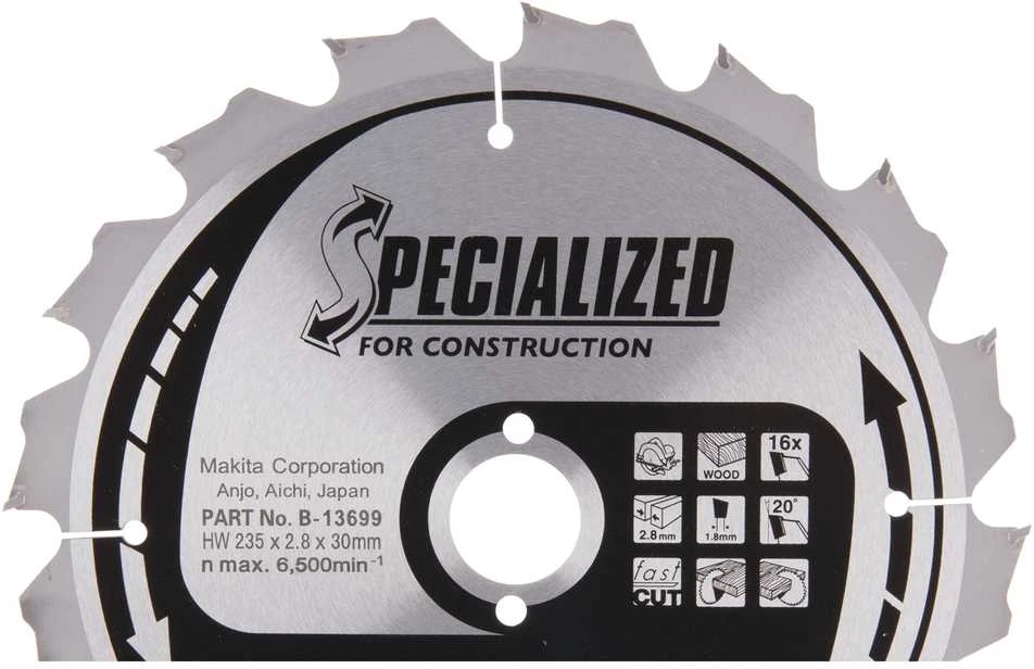 Makita T.C.T. pjūklas SPECIALIZED 235X2.8X30mm 20° T16 B-13699 T.C.T • 235 x30 mm • T16 • 20° • Medienai/Medienai su vinimis