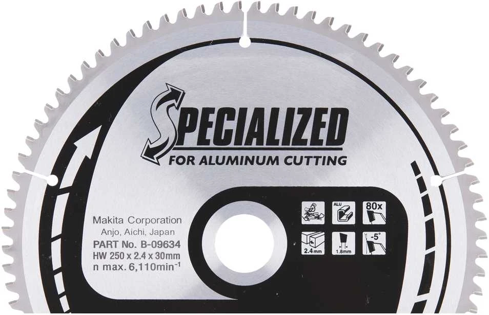 Makita T.C.T. pjūklas SPECIALIZED 250X2.4X30mm -5° T80 B-09634 T.C.T • 250 x30 mm • T80 • -5° • Aliuminiui
