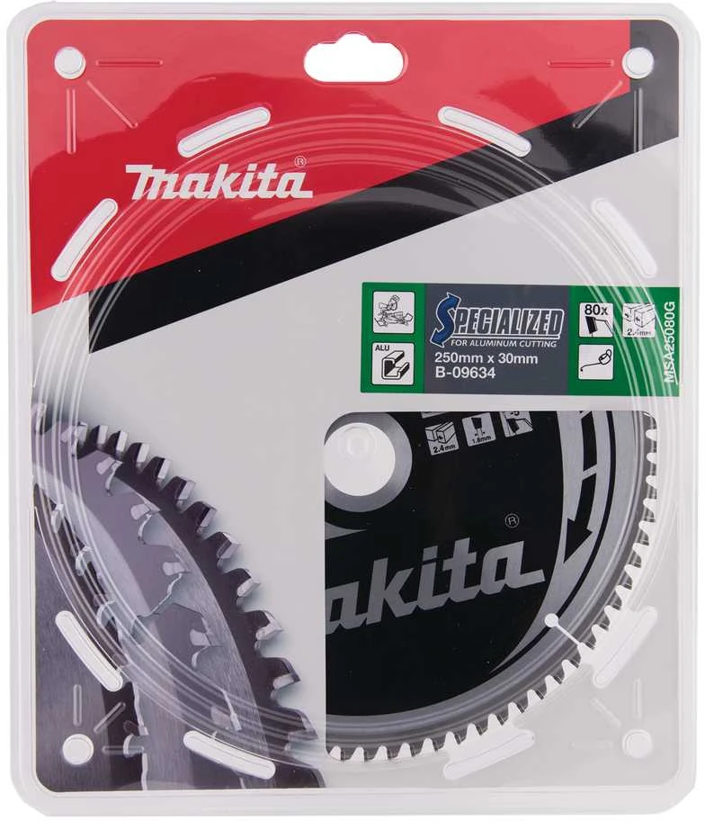 Makita T.C.T. pjūklas SPECIALIZED 250X2.4X30mm -5° T80 B-09634 T.C.T • 250 x30 mm • T80 • -5° • Aliuminiui