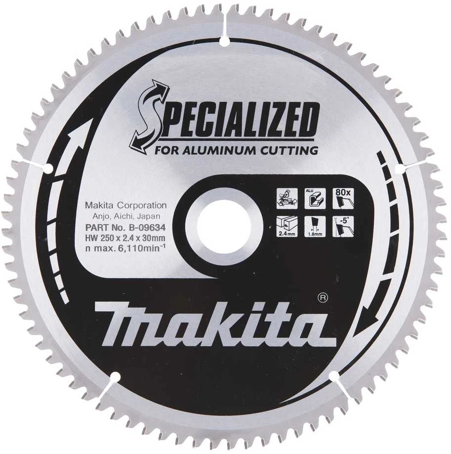 Makita T.C.T. pjūklas SPECIALIZED 250X2.4X30mm -5° T80 B-09634 T.C.T • 250 x30 mm • T80 • -5° • Aliuminiui