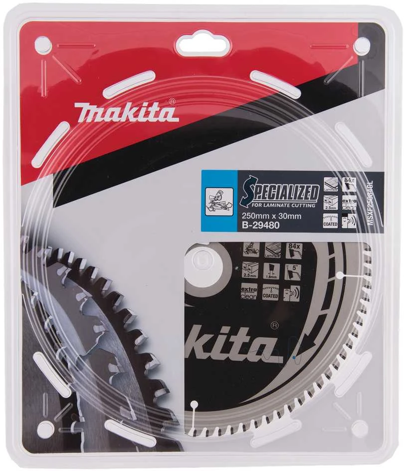 Makita T.C.T. pjūklas SPECIALIZED 250X2.5X30mm 5° T84 B-29480 T.C.T • 250 x30 mm • T84 • 5° • MDF/laminatui