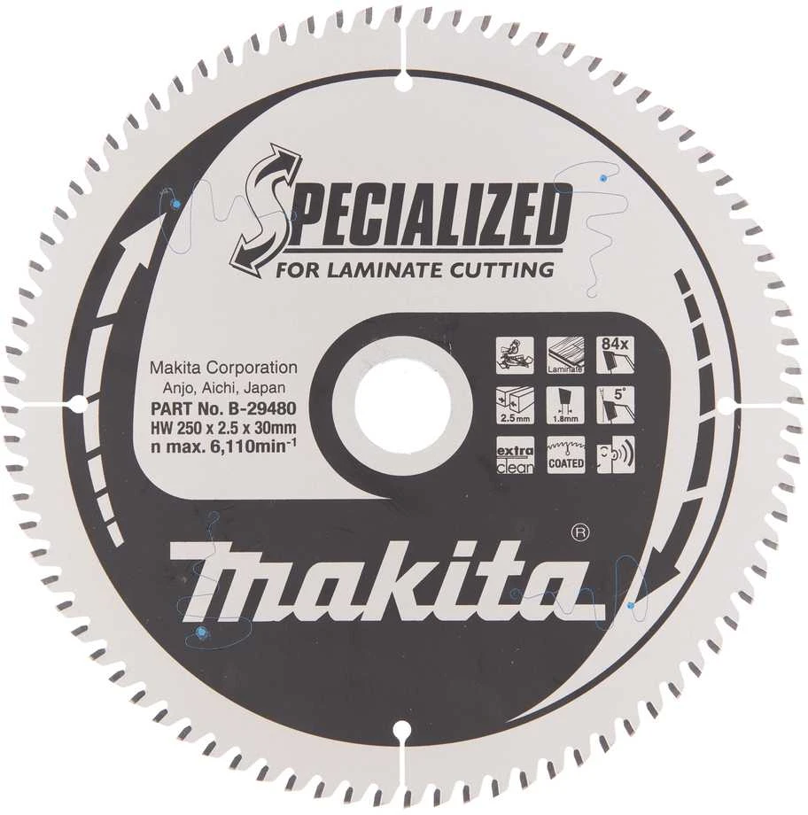 Makita T.C.T. pjūklas SPECIALIZED 250X2.5X30mm 5° T84 B-29480 T.C.T • 250 x30 mm • T84 • 5° • MDF/laminatui