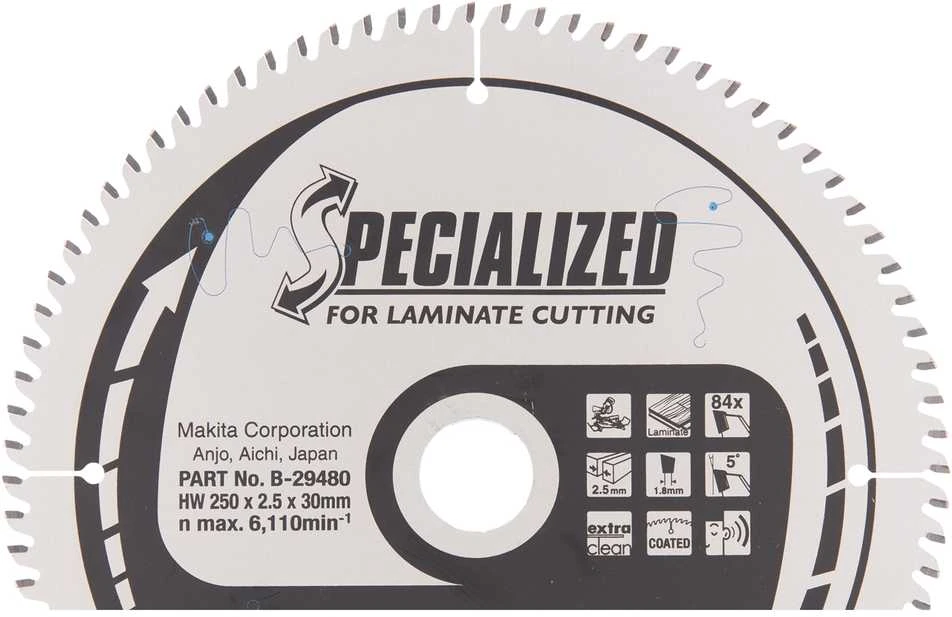 Makita T.C.T. pjūklas SPECIALIZED 250X2.5X30mm 5° T84 B-29480 T.C.T • 250 x30 mm • T84 • 5° • MDF/laminatui