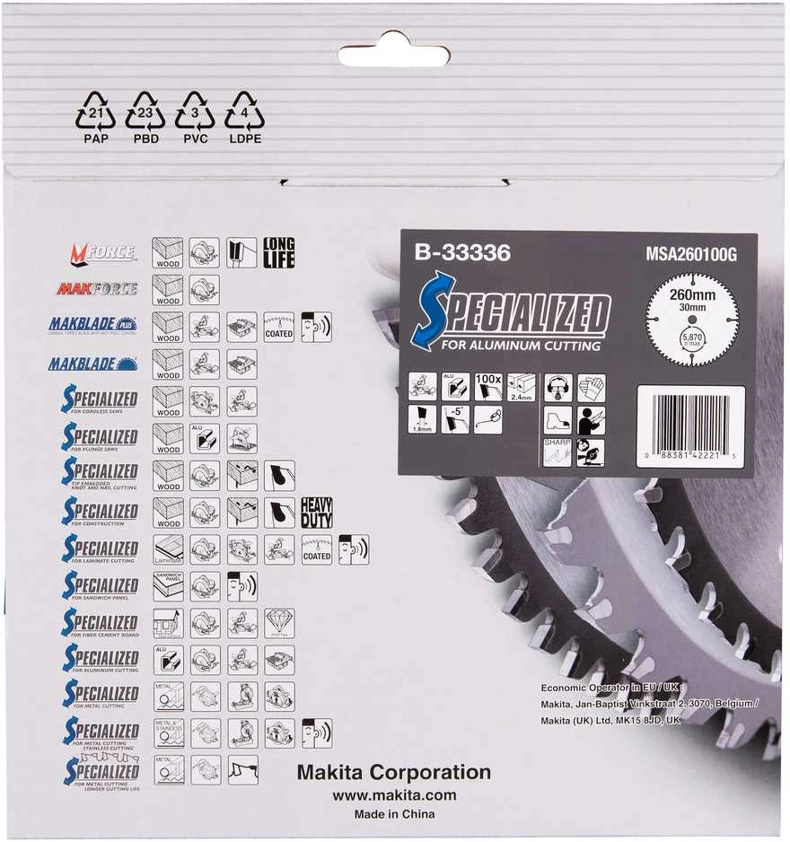 Makita T.C.T. pjūklas SPECIALIZED 260X2.4X30mm -5° T100 B-33336 T.C.T • 260 x30 mm • T100 • -5° • Aliuminiui