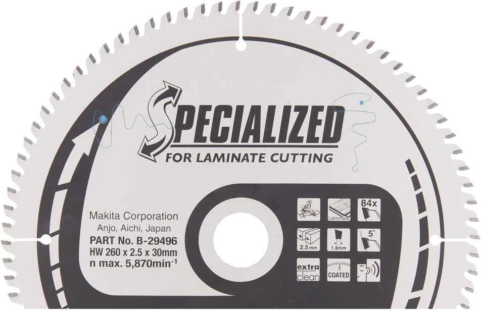 Makita T.C.T. pjūklas SPECIALIZED 260X2.5X30mm 5° T84 B-29496 T.C.T • 260 x30 mm • T84 • 5° • MDF/laminatui