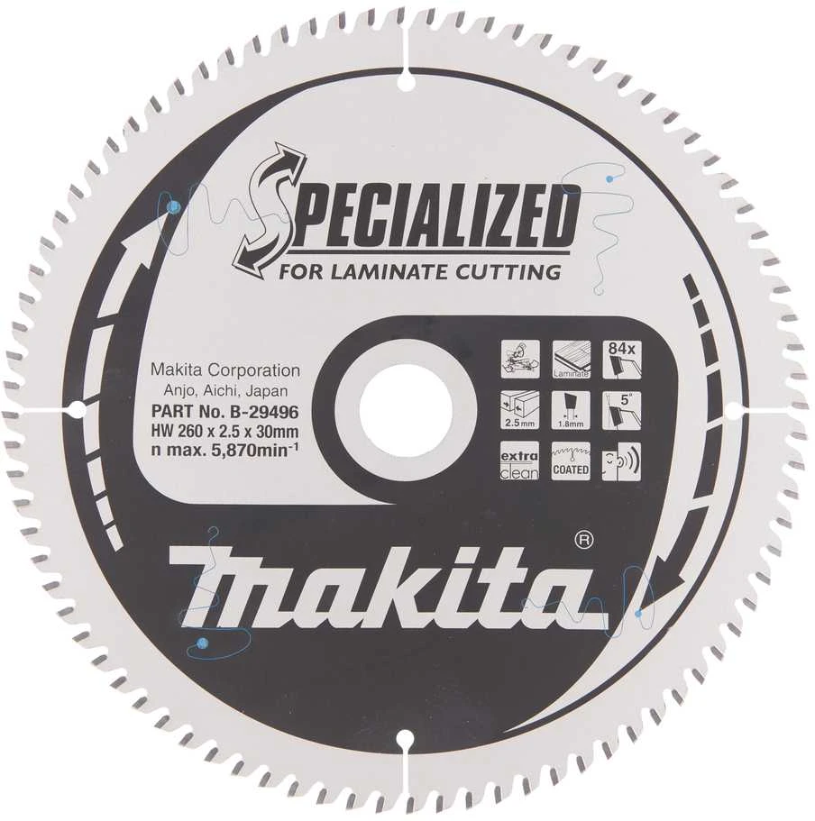 Makita T.C.T. pjūklas SPECIALIZED 260X2.5X30mm 5° T84 B-29496 T.C.T • 260 x30 mm • T84 • 5° • MDF/laminatui