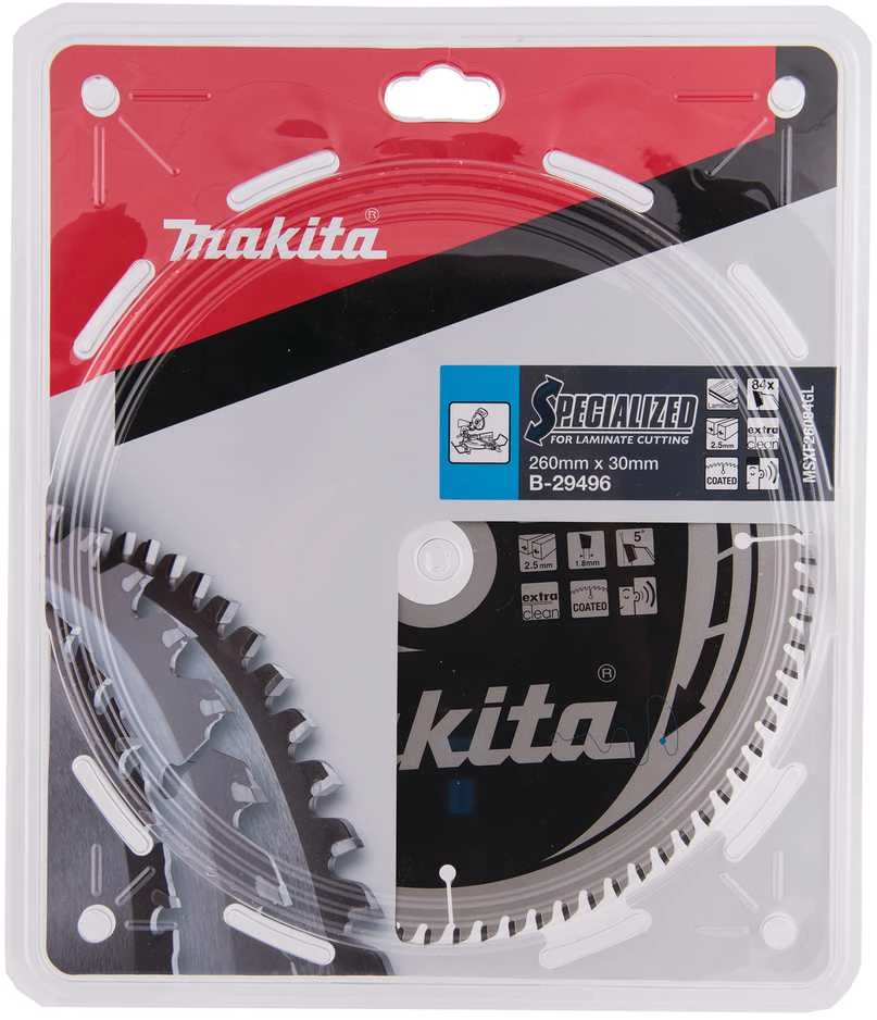 Makita T.C.T. pjūklas SPECIALIZED 260X2.5X30mm 5° T84 B-29496 T.C.T • 260 x30 mm • T84 • 5° • MDF/laminatui