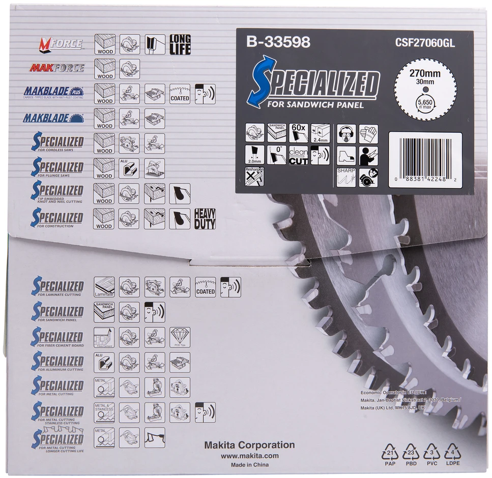 Makita T.C.T. pjūklas SPECIALIZED 270X2.4X30mm 0° T60 T.C.T. pjūklas SPECIALIZED 270X2.4X30mm 0° T60 B-33598 T.C.T • 270 x30 mm • T60 • 0° • Daugiasluoknėms plokštėms